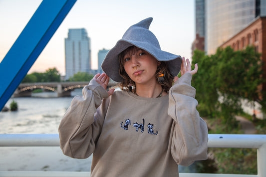 Embroidered Skelly Cat Khaki Sweatshirt - Oh, Hello Companies
