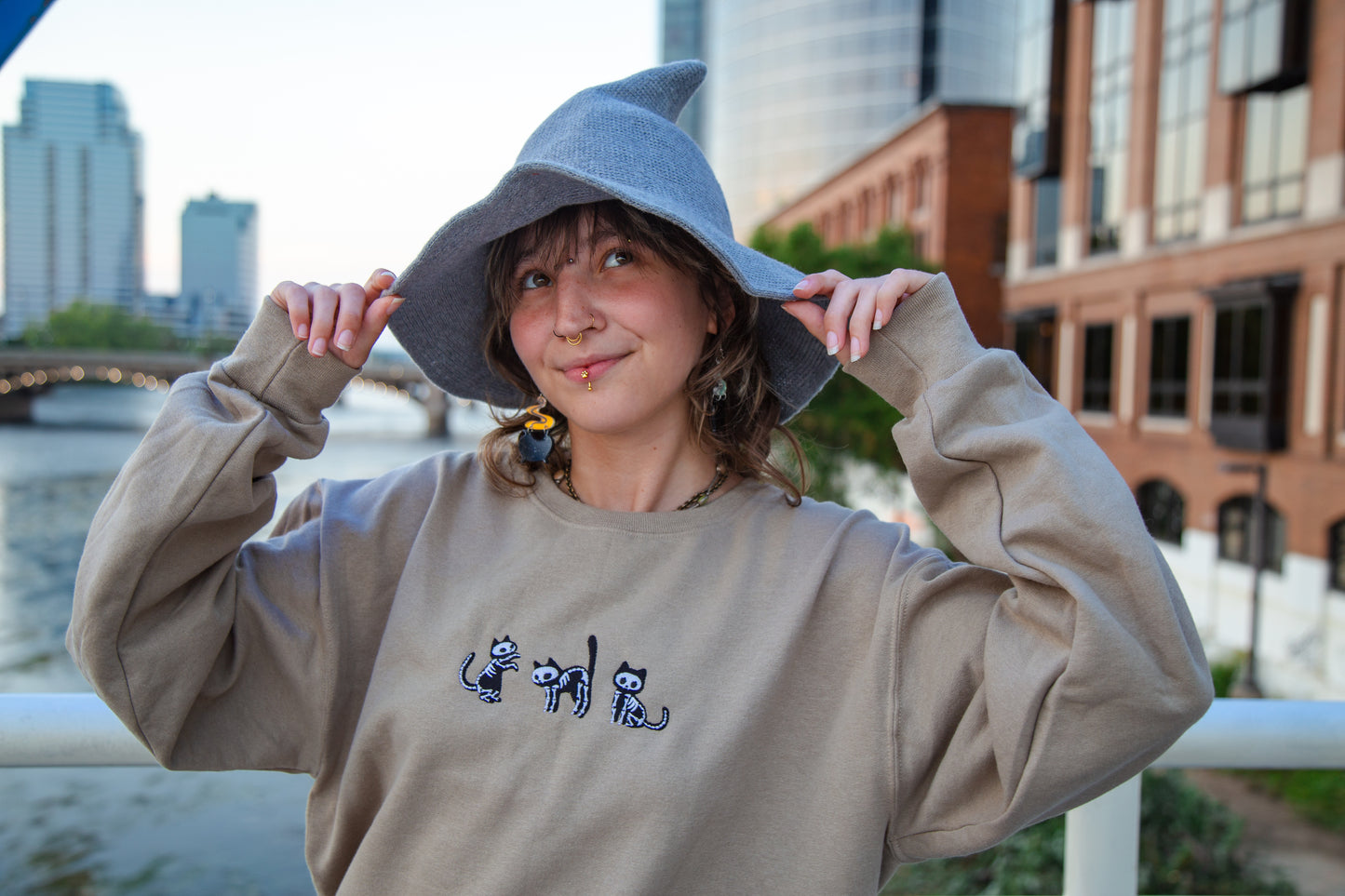Embroidered Skelly Cat Khaki Sweatshirt - Oh, Hello Companies